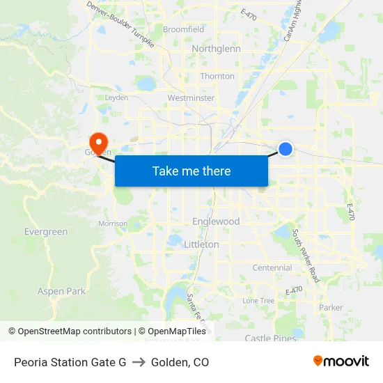 Peoria Station Gate G to Golden, CO map