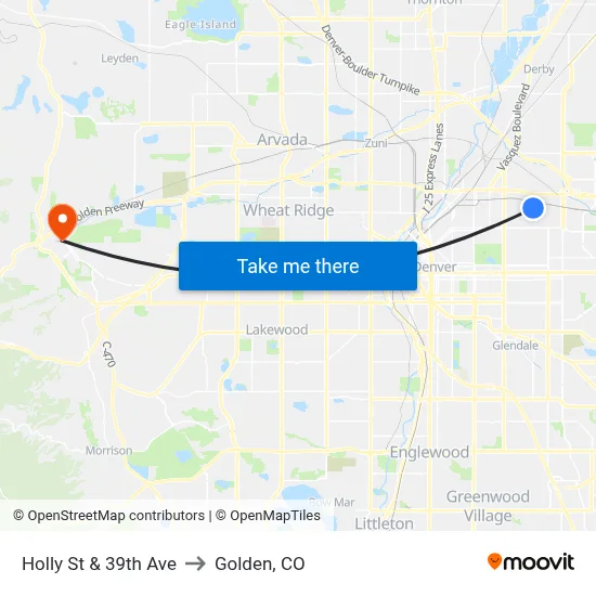 Holly St & 39th Ave to Golden, CO map