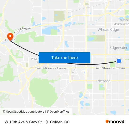 W 10th Ave & Gray St to Golden, CO map