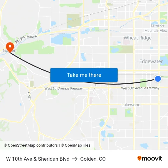 W 10th Ave & Sheridan Blvd to Golden, CO map