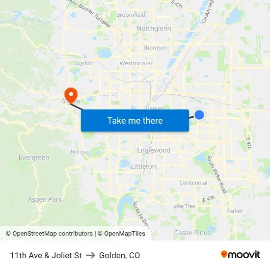 11th Ave & Joliet St to Golden, CO map