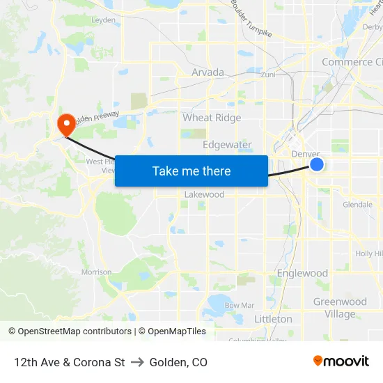 12th Ave & Corona St to Golden, CO map
