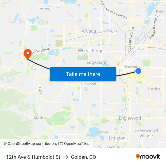 12th Ave & Humboldt St to Golden, CO map