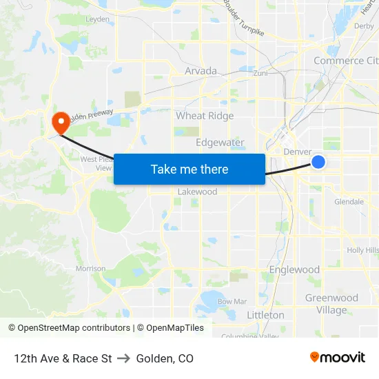 12th Ave & Race St to Golden, CO map