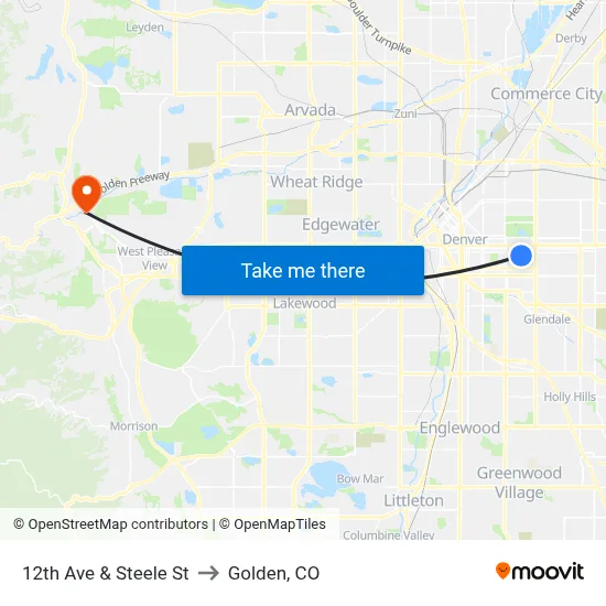 12th Ave & Steele St to Golden, CO map