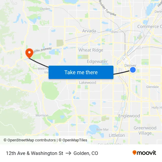 12th Ave & Washington St to Golden, CO map