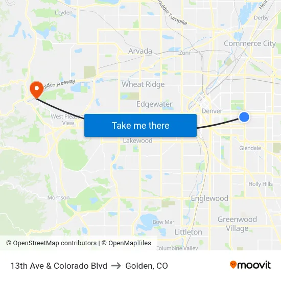 13th Ave & Colorado Blvd to Golden, CO map