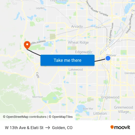 W 13th Ave & Elati St to Golden, CO map