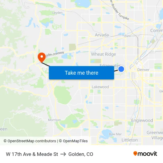 W 17th Ave & Meade St to Golden, CO map