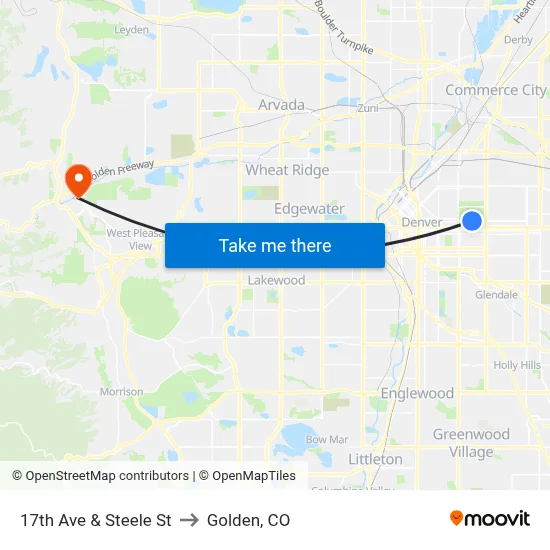 17th Ave & Steele St to Golden, CO map