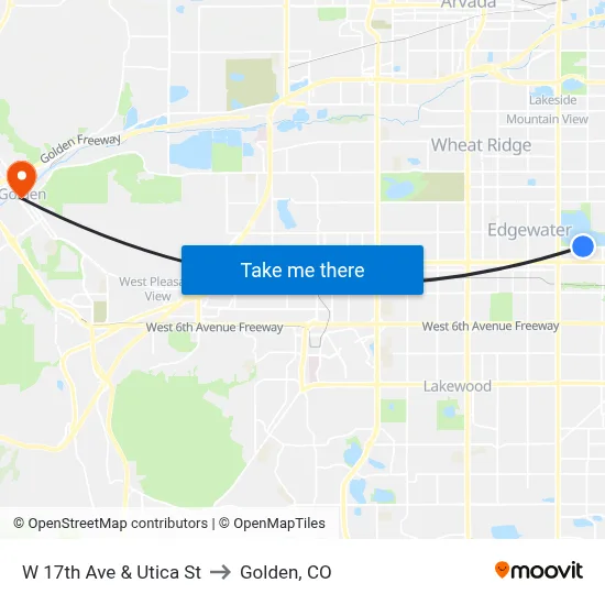 W 17th Ave & Utica St to Golden, CO map
