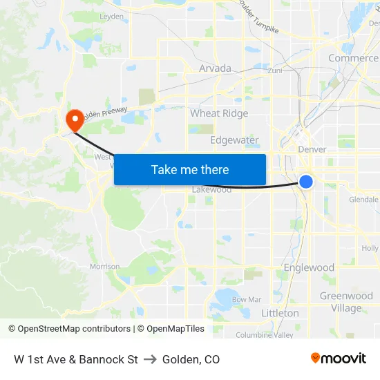 W 1st Ave & Bannock St to Golden, CO map
