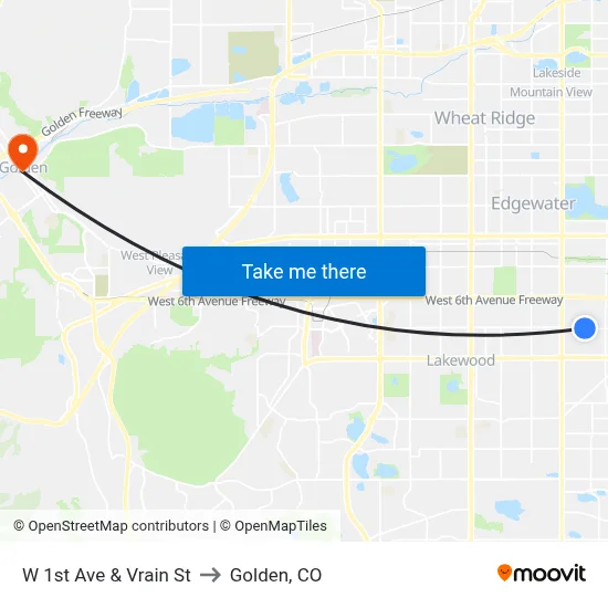 W 1st Ave & Vrain St to Golden, CO map