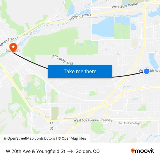 W 20th Ave & Youngfield St to Golden, CO map