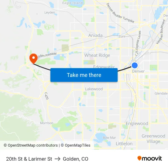 20th St & Larimer St to Golden, CO map