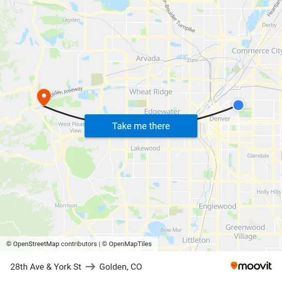 28th Ave & York St to Golden, CO map
