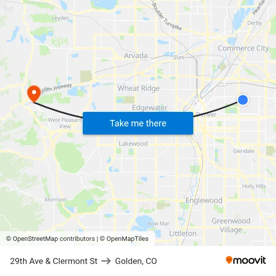 29th Ave & Clermont St to Golden, CO map