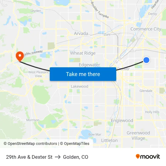 29th Ave & Dexter St to Golden, CO map