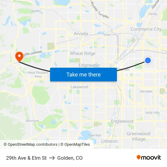 29th Ave & Elm St to Golden, CO map