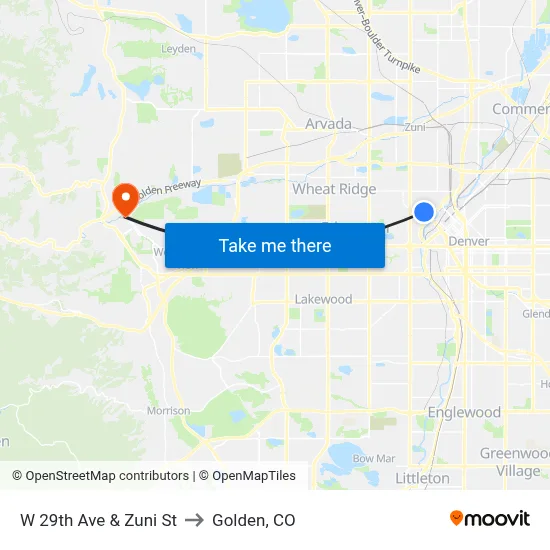 W 29th Ave & Zuni St to Golden, CO map