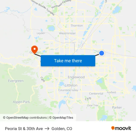 Peoria St & 30th Ave to Golden, CO map
