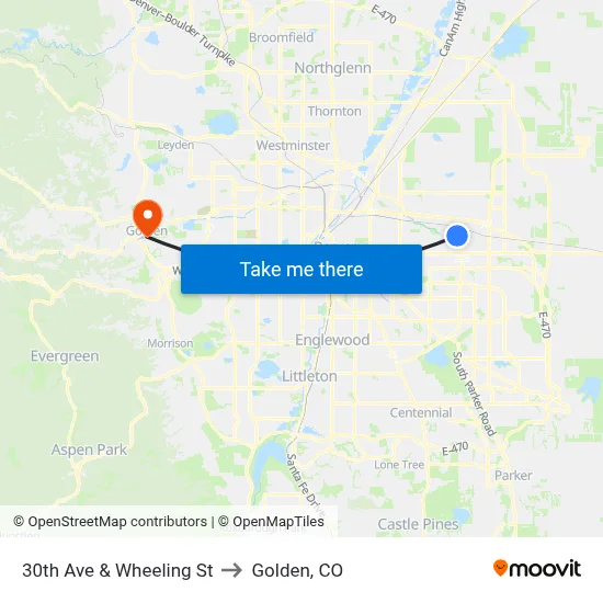 30th Ave & Wheeling St to Golden, CO map