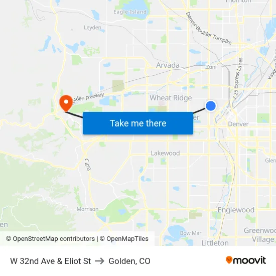 W 32nd Ave & Eliot St to Golden, CO map