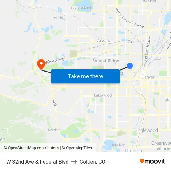 W 32nd Ave & Federal Blvd to Golden, CO map