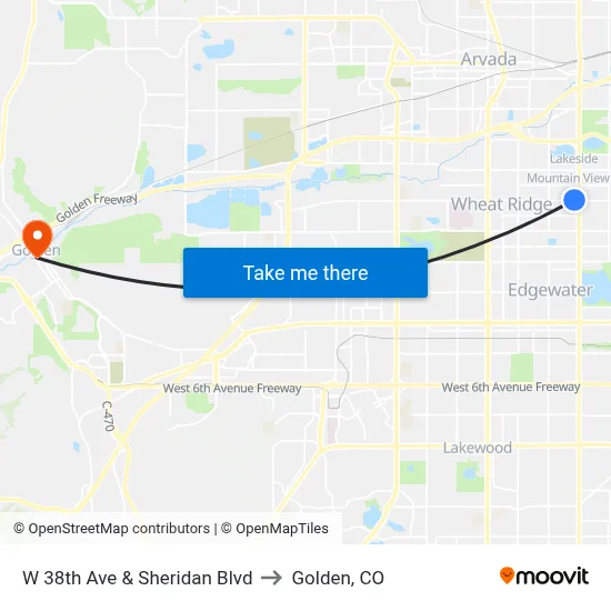 W 38th Ave & Sheridan Blvd to Golden, CO map