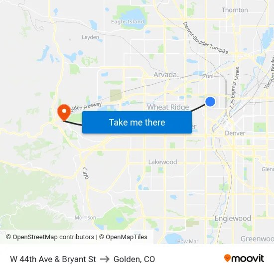 W 44th Ave & Bryant St to Golden, CO map