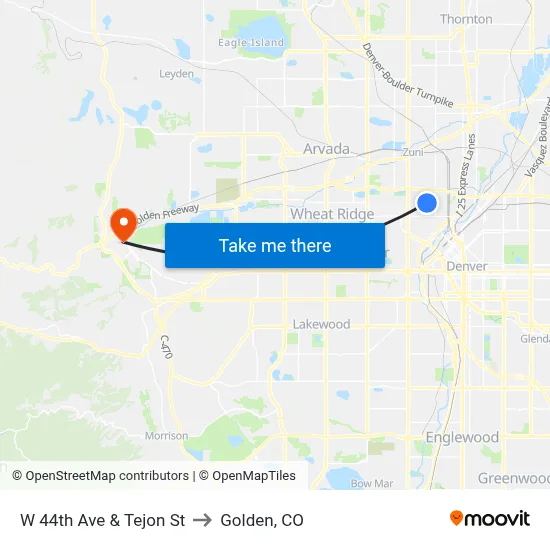 W 44th Ave & Tejon St to Golden, CO map