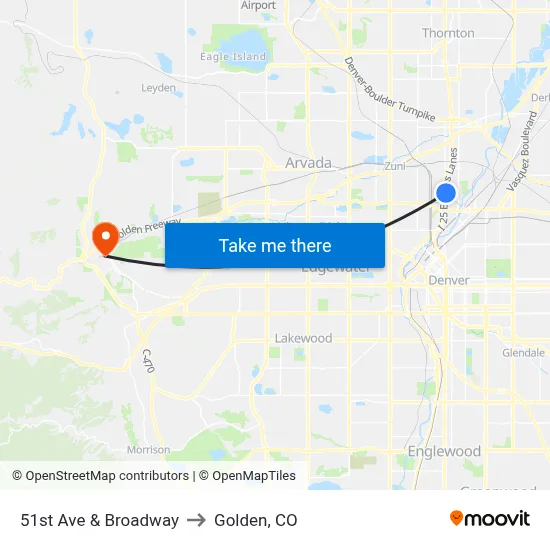 51st Ave & Broadway to Golden, CO map