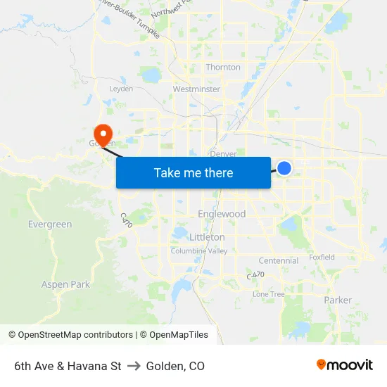 6th Ave & Havana St to Golden, CO map