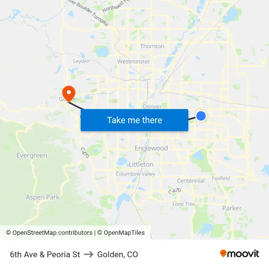 6th Ave & Peoria St to Golden, CO map