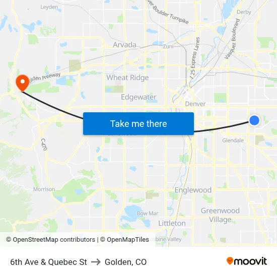 6th Ave & Quebec St to Golden, CO map