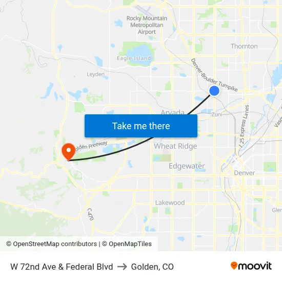 W 72nd Ave & Federal Blvd to Golden, CO map