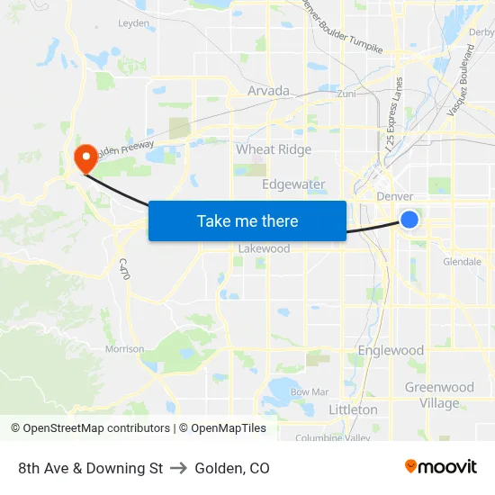 8th Ave & Downing St to Golden, CO map