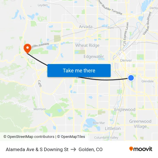 Alameda Ave & S Downing St to Golden, CO map