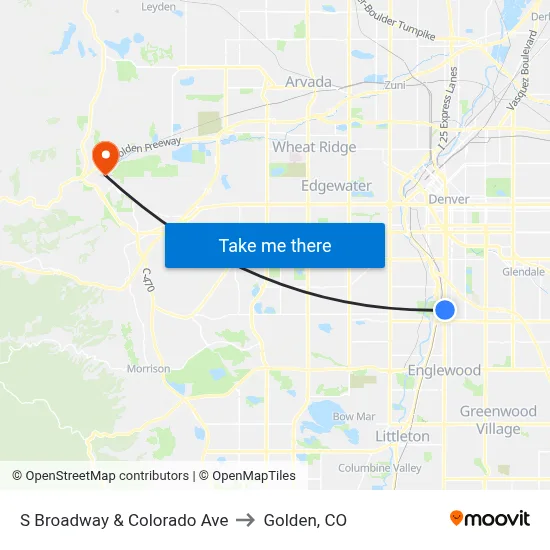 S Broadway & Colorado Ave to Golden, CO map