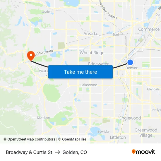 Broadway & Curtis St to Golden, CO map