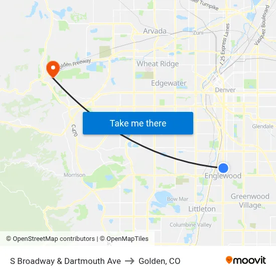 S Broadway & Dartmouth Ave to Golden, CO map