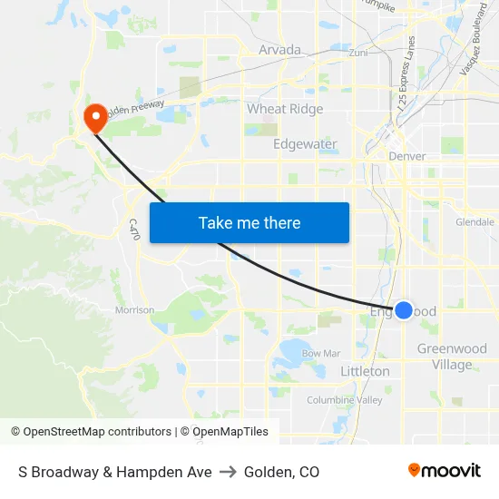 S Broadway & Hampden Ave to Golden, CO map