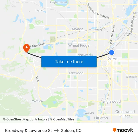 Broadway & Lawrence St to Golden, CO map