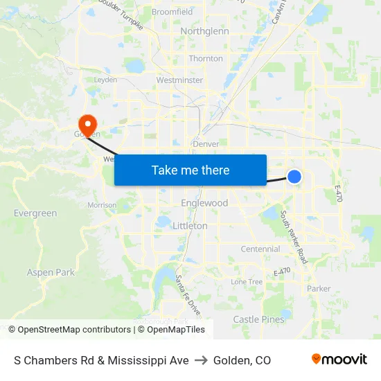 S Chambers Rd & Mississippi Ave to Golden, CO map