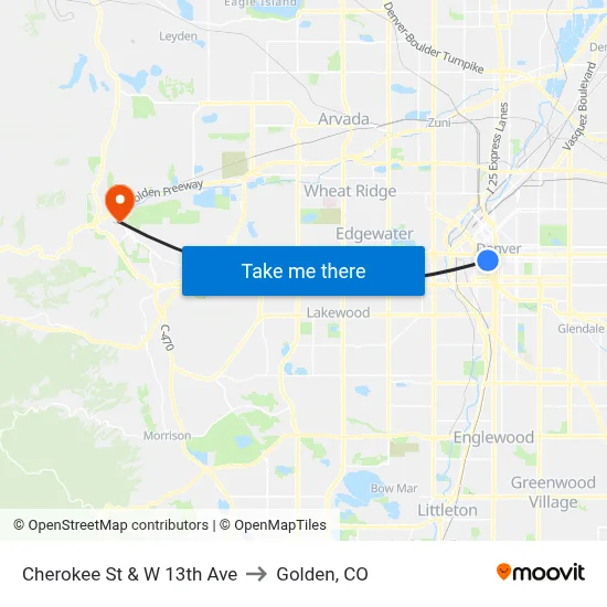 Cherokee St & W 13th Ave to Golden, CO map