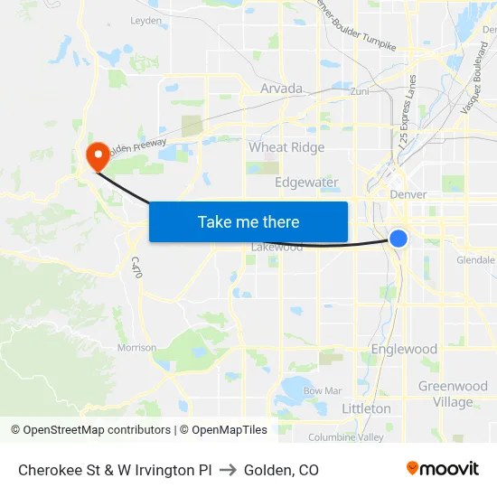 Cherokee St & W Irvington Pl to Golden, CO map