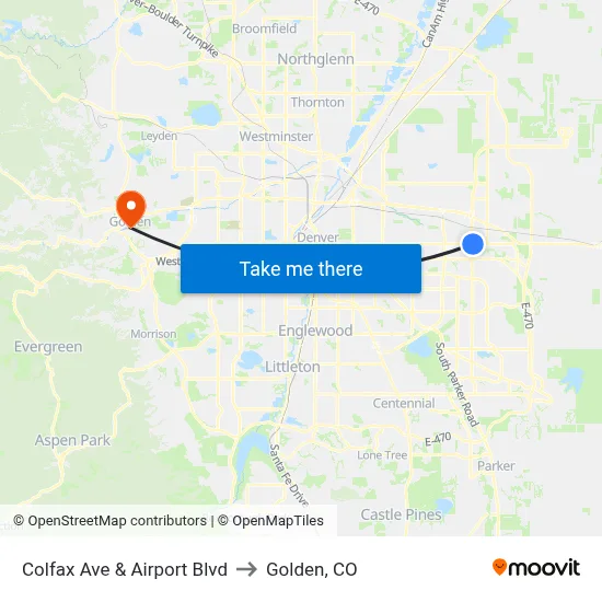 Colfax Ave & Airport Blvd to Golden, CO map