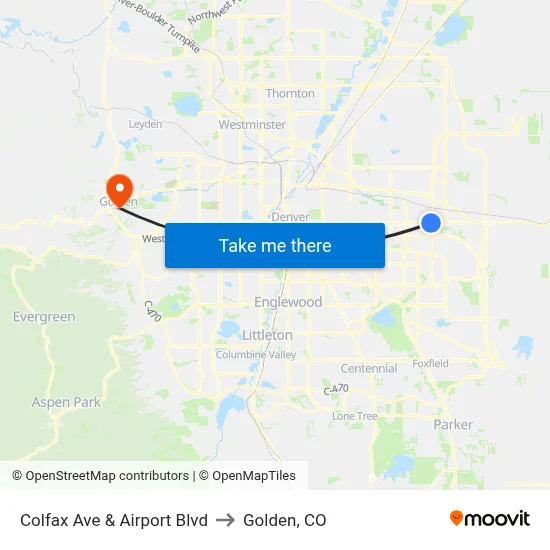 Colfax Ave & Airport Blvd to Golden, CO map