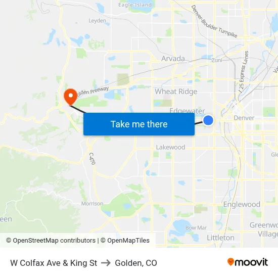 W Colfax Ave & King St to Golden, CO map