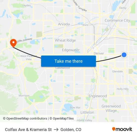 Colfax Ave & Krameria St to Golden, CO map